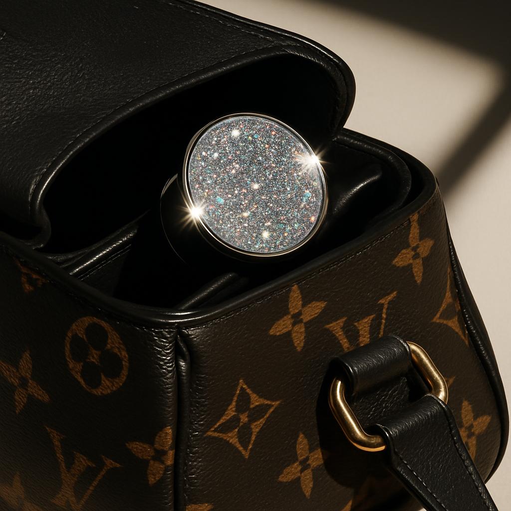 This image is a close-up, top-down photograph of a small, red, leather wallet with a glossy finish and gold-toned hardware...