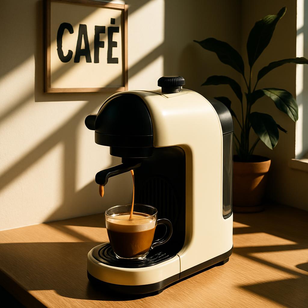 A light-colored, cream and black espresso machine (Lavazza Blue) sits atop a wooden table in a café setting. A cup of coff...